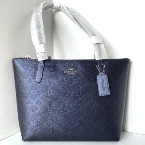 Coach Fiona Medium Zip Tote Blue Pearlized Leather Canvas